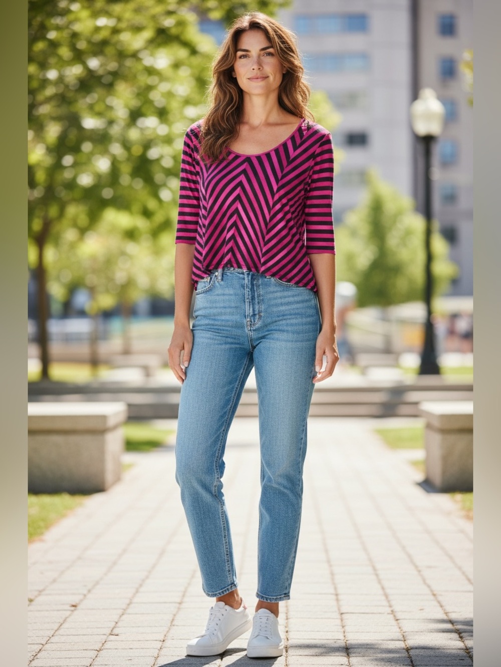 Dana Buchman Pink and Black Striped Scoop Neck Top